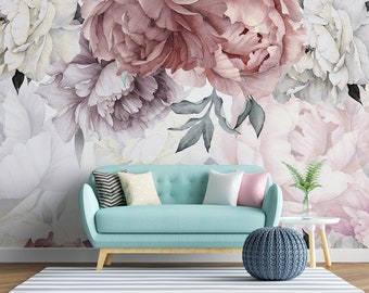Floral Peony Wallpaper Peel and Stick | Watercolor Soft Floral Wall Mural | Peonies Blossom Wallpaper