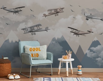 Kids Mountain Wallpaper Nursery Wall Mural with Planes Peel and Stick