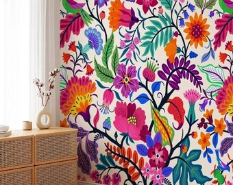 Colorful flowers and tropic leaves wallpaper, Adhesive Wallpaper, Wall mural, Removable, temporary wallpaper Peel & Stick