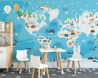 Kids Wallpaper Peel and Stick Cute World Map with Hot Air Balloons Wall Mural