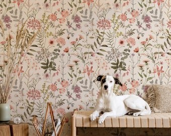 Wilde bloemen Peel and Stick Wallpaper l Waterverf Wild Bloemenbehang l Bloemen verwijderbaar behang