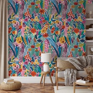 Bright colorful flowers and tropic leaves wallpaper, Adhesive Wallpaper, Removable, temporary wallpaper Fabric Wallpaper, Peel & Stick