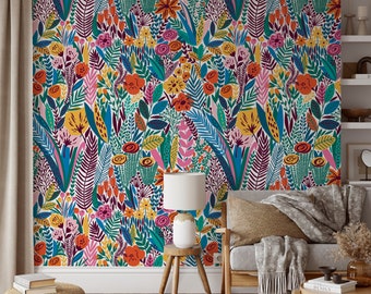 Bright colorful flowers and tropic leaves wallpaper, Adhesive Wallpaper, Removable, temporary wallpaper Fabric Wallpaper, Peel & Stick