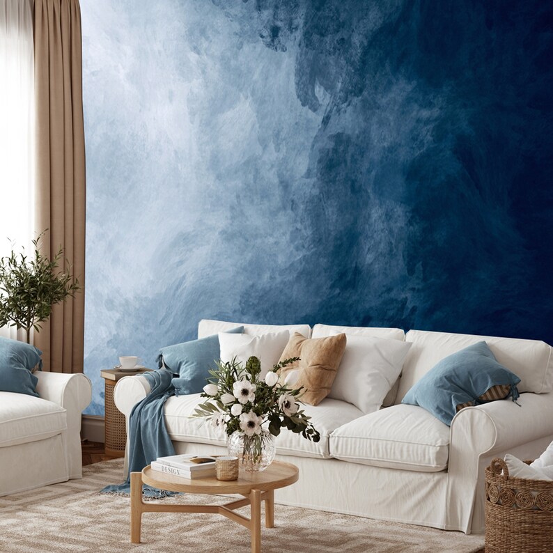 Blue Watercolor Wallpaper Peel and Stick Wallpaper Blue Etsy