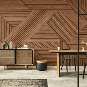 Moderne geometrische Holzpaneel-Tapete, zeitgenössisches Wandbild aus Holz, rustikale Kunstholzstruktur, abnehmbare Tapete zum Abziehen und Aufkleben