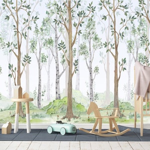Carta da parati con foresta di betulle per bambini / Carta da parati murale con alberi e boschi / Decorazione per la cameretta dei bambini con effetto peel and stick / Carta da parati con natura serena e acquerello