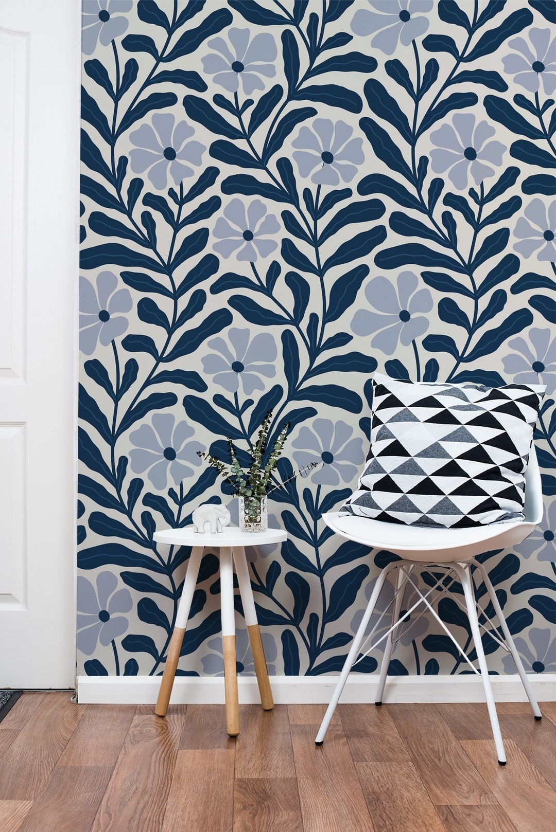 Navy Blue Floral Peel and Stick Wallpaper: Vintage Botanical Mural - Etsy