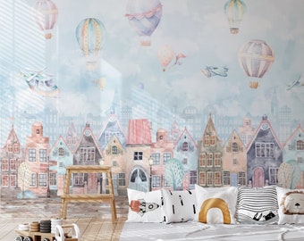 Hot Air Balloon and Houses and Planes Peel and Stick Wallpaper | Kids Wallpaper peel and stick | Kids Wall Mural | Peel and Stick