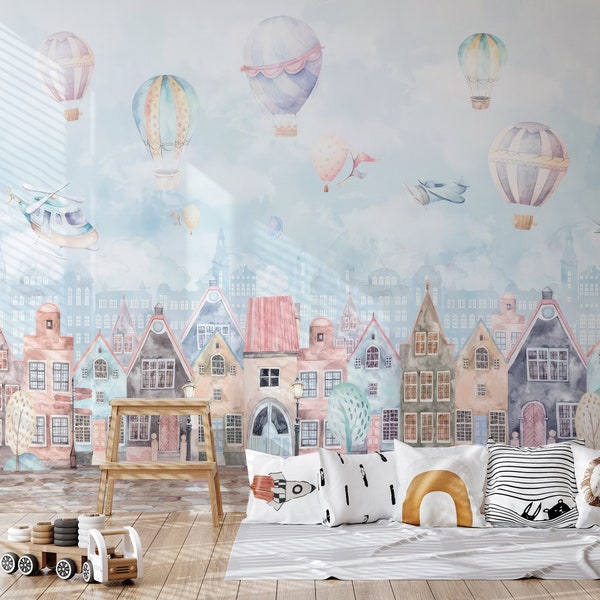 Hot Air Balloon and Houses and Planes Peel and Stick Wallpaper | Kids Wallpaper peel and stick | Kids Wall Mural | Peel and Stick