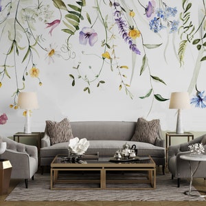 Papier peint floral doux aquarelle, papier peint autocollant, fleurs, herbes sauvages, fleurs, fleurs, feuilles vertes, boutons et branches bleu-rose