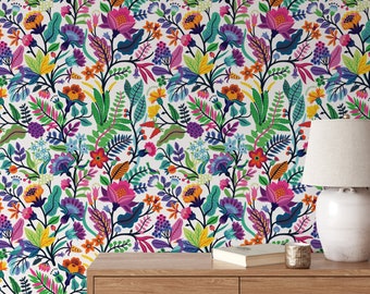Floral tropical leaves wallpaper, Adhesive Wallpaper, Wall mural, Removable, temporary wallpaper Peel & Stick