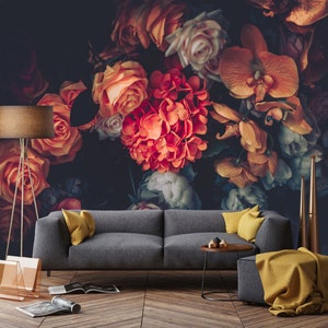 Dark Beautiful Vintage remove Wallpaper Floral - Roses - Peel and Stick Flower and Blossom Wallpaper