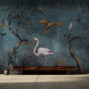 Chinoiserie Wallpaper Peel and Stick Watercolor Tree Wall Mural with Flamingo and Macaw Parrot