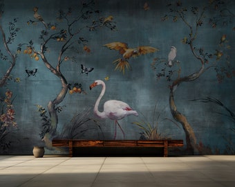 Chinoiserie Wallpaper Peel and Stick Watercolor Tree Wall Mural with Flamingo and Macaw Parrot