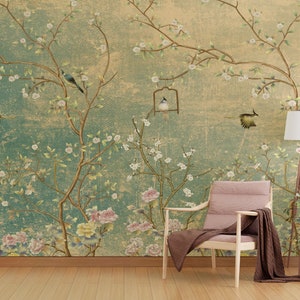 Vintage Chinoiserie Wallpaper with Birds floral Wallpaper, non-woven wallpaper, peel and stick wallpaper
