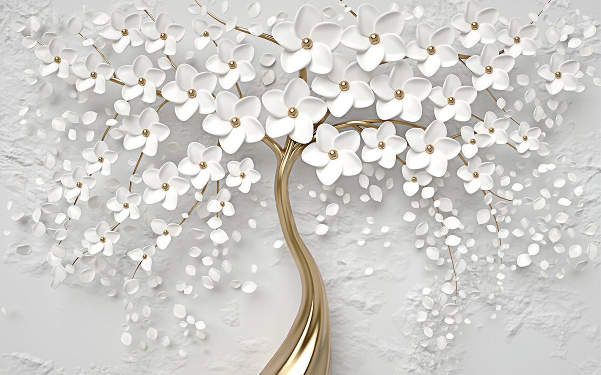 White 3D Floral Wallpaper Gold Tree Flower Wall Mural Etsy