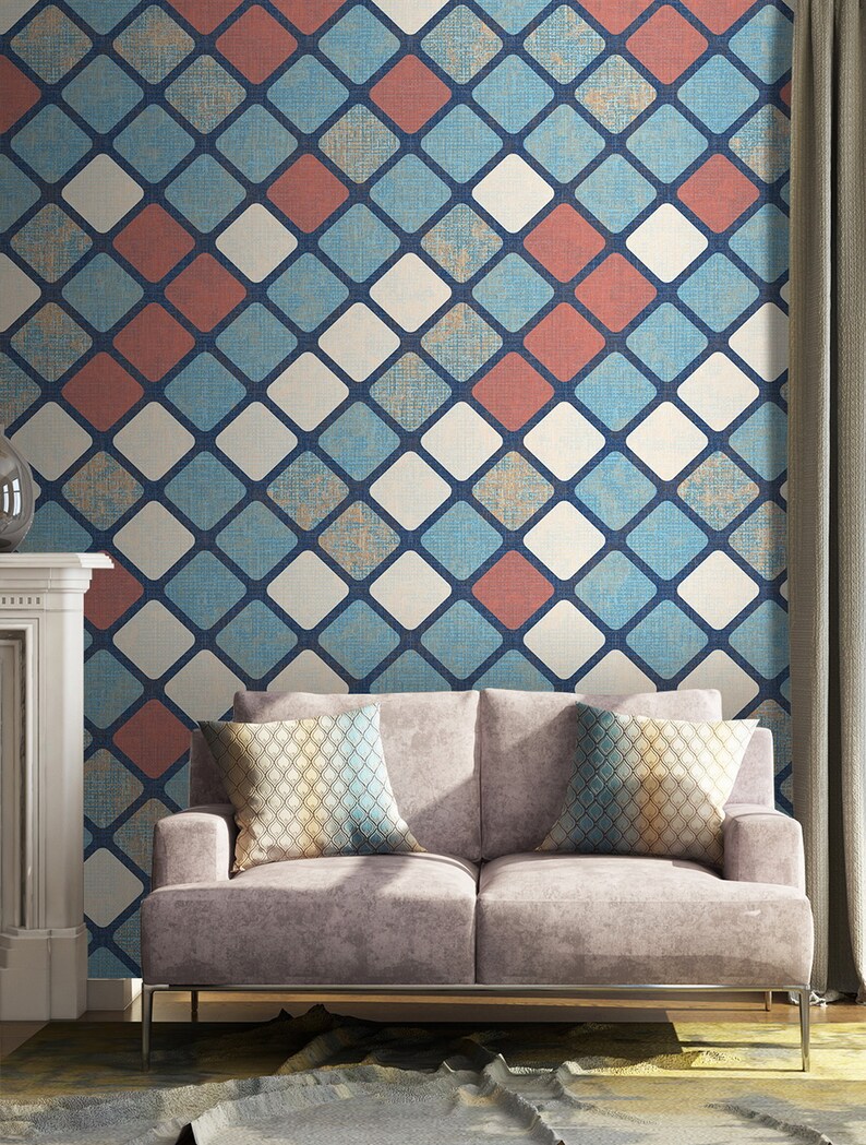 Modern Retro Blue Wallpaper TV Background Wall Wallpaper Mural Etsy