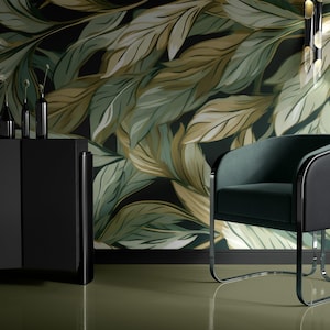 Botanical Green Leaf Floral Wallpaper | Moody Foliage | Removable, Peel and Stick foliage | Maximalist Forest Fern Leaf Decor