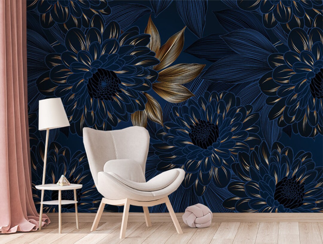 Navy Blue Floral Wallpaper Peel and Stick,floral Texture Wall Mural ...