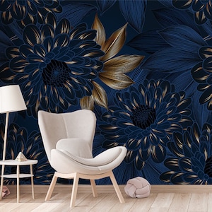 Carta da parati floreale blu navy staccabile e incollabile, murale con struttura floreale, carta da parati rimovibile l Carta da parati floreale rimovibile scura, carta da parati floreale
