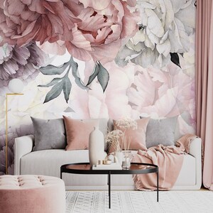 Floral Peony Wallpaper Peel and Stick Watercolor Soft Floral Wall Mural ...