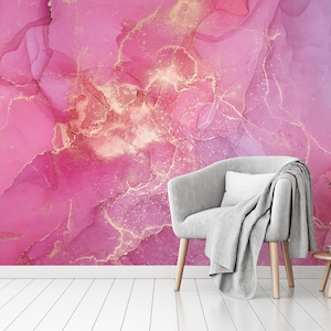 Carta da parati in marmo rosa acquerello, carta da parati rimovibile Carta da parati astratta rosa e oro, autoadesiva, stacca e incolla, decorazione da parete