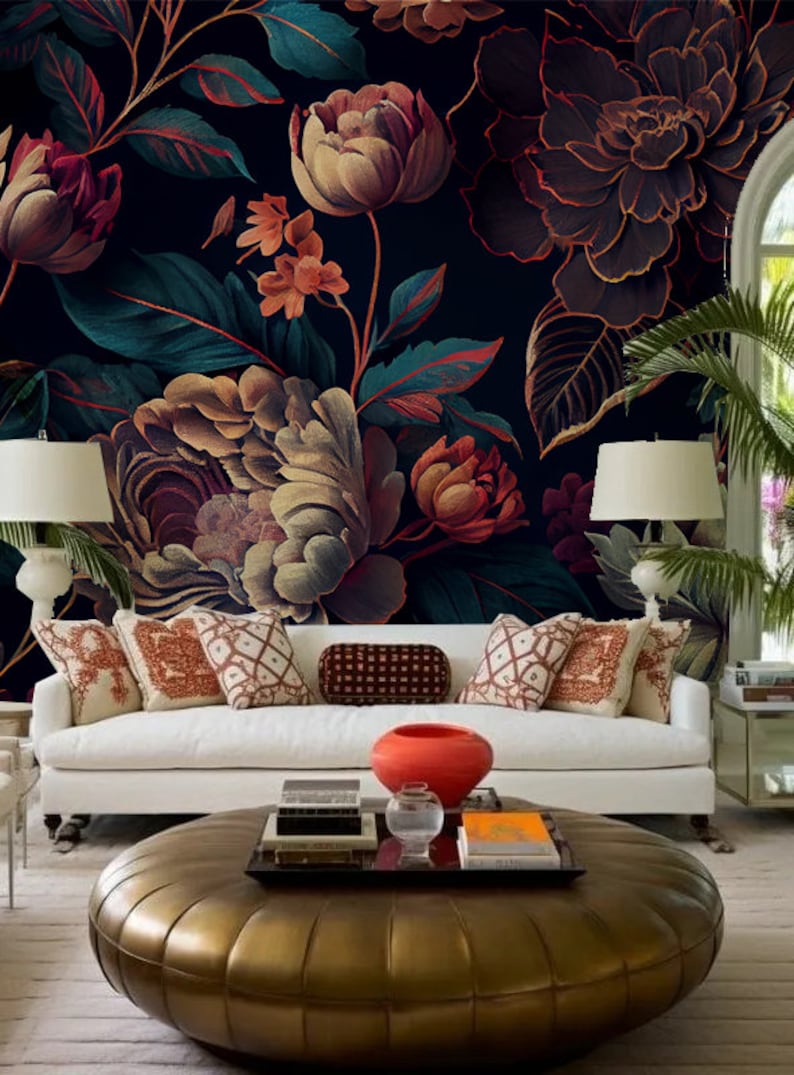 Dark Peel and Stick floral wallpaper, flower Wallpaper. Self-Adhesive Wallpaper Removable, Wall mural temporary wallpaper image 4