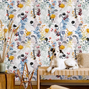Colorful floral peel and stick wallpaper, bright garden flowers, renters friendly temporary wallpaper, soft floral wallpaper