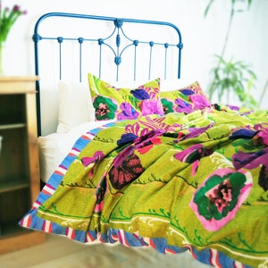 Chartreuse Lime and Magenta multi Funky Floral & Birds Duvet Cover: Artsy, Eclectic, decor, OEKO-TEX 100% cotton duvet, Botanical home Decor