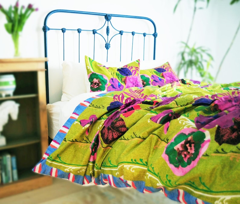 Chartreuse Lime and Magenta multi Funky Floral & Birds Duvet Cover: Artsy, Eclectic, decor, OEKO-TEX 100% cotton duvet, Botanical home Decor