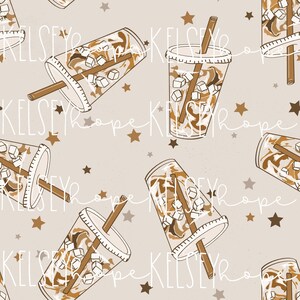 May include: A seamless pattern featuring brown and white iced coffee drinks with straws and stars on a light brown background.