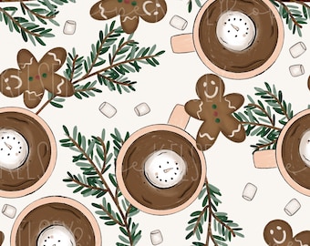 Hot Cocoa Marshmallow Snowman Seamless File, Christmas Hot Cocoa surface pattern