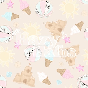 Verano: Conchas, Océano, Playa, Piscina, Natación, Castillo de Arena. PATRÓN SIN COSTURAS. Ilustrado a mano. Diseño digital. Ropa, papel y tela.
