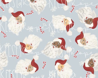 Jolly Santas on blue SEAMLESS PATTERN Hand Illustrated. Digital Design. Baby Clothing Scrapbook Paper Fabric. Christmas Santa Clause Cute
