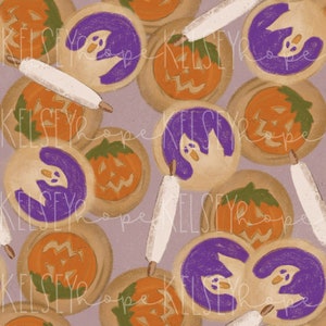 ハロウィーンのベーキングシュガークッキーの伝統シームレスパターン手描き。デジタルデザイン。ベビー服スクラップブック紙生地。カボチャ