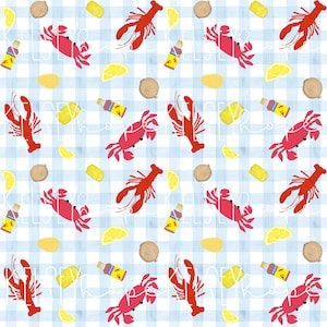 Könnte beinhalten: Ein nahtloses Muster mit roten Hummern, gelben Zitronen, Maiskolben, Kartoffeln, Zwiebeln und Flaschen scharfer Sauce auf einem blau-weiß karierten Hintergrund.