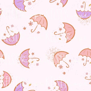 Flores de mayo silenciadas Paraguas Lluvias de primavera Clima Lluvia Lindas chicas PATRÓN SIN FISURAS Ilustrado a mano. Diseño Digital. Ropa Papel Tela.