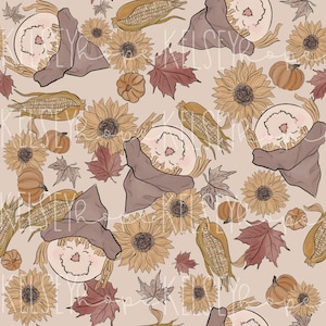 Happy Scarecrows Pumpkin Patch SEAMLESS PATTERN, Fall Surface Pattern