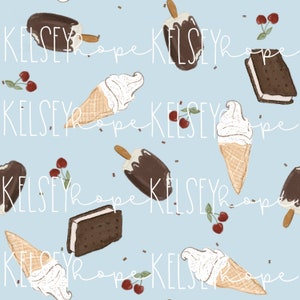 Helado de chocolate y cerezas Paletas de verano rojo blanco azul SEAMLESS PATTERN Hand Illustrated. Diseño Digital. Tela de ropa.