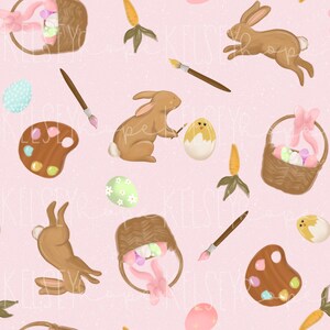Pintando huevos de Pascua PATRÓN SIN COSTURAS ilustrado a mano. Diseño Digital. Ropa de bebé Scrapbook Paper Fabric. Tradición. Conejitos. Conejos.