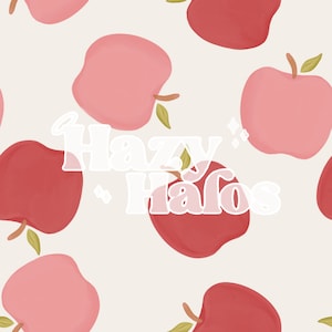 Pode incluir: Um padrão sem costura com maçãs rosa e vermelhas com o texto "Hazy Halos" em branco.