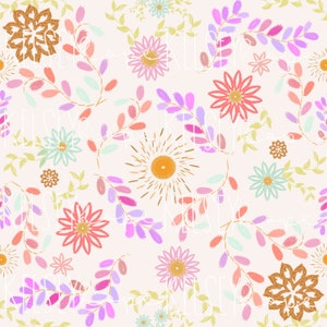 May include: A seamless pattern featuring a variety of colorful flowers and leaves on a light pink background. The flowers are in shades of pink, orange, blue, and green, and the leaves are in shades of green and purple.