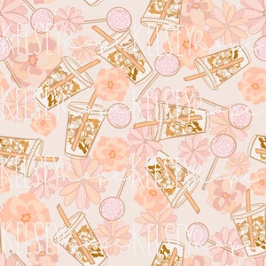 Iced Coffee & Cake Pops Momma and Me Matching SEAMLESS PATTERN Hand Illustrated. Diseño Digital. Ropa Papel Tela.Primavera Verano Floral