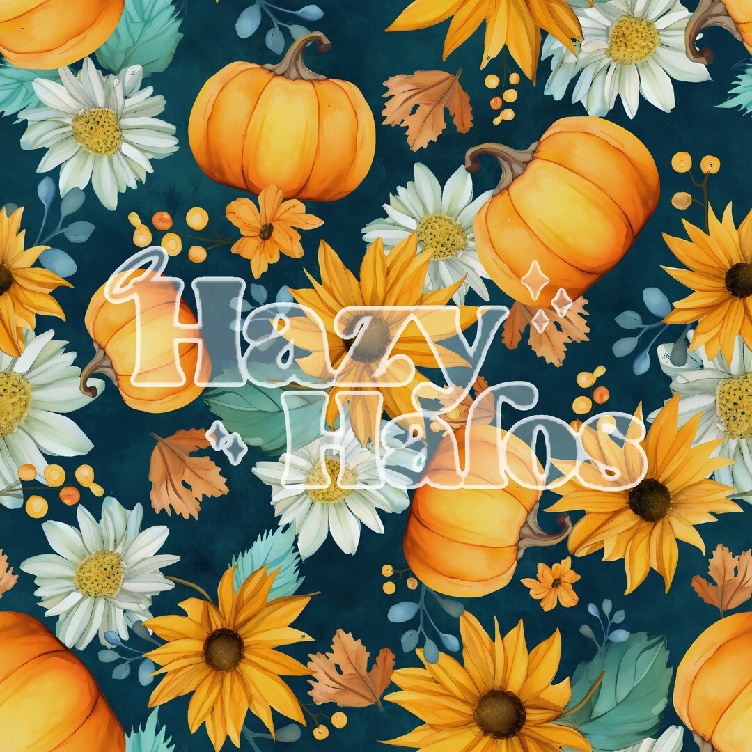 Blue Boho Fall Floral Pattern, Watercolor Floral Pumpkin SEAMLESS ...