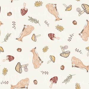 Autumn Forest Woodland Mushrooms Critters Fox SEAMLESS PATTERN Hand Illustrated. Digital Design. Baby Clothing Scrapbook Paper Fabric. Fall
