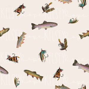 Aquarela Truta Pesca Dia dos Pais Iscas PADRÃO SEM EMENDA Design Digital Ilustrado à Mão. Tecido de papel para roupas. Meninos Neutros Água Doce