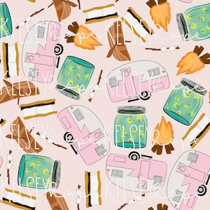 Camping Glamping Boho Retro s'mores luciérnagas Colección Primavera PATRÓN SIN COSTURAS Ilustrado a mano. Diseño digital. Tela de papel para ropa.