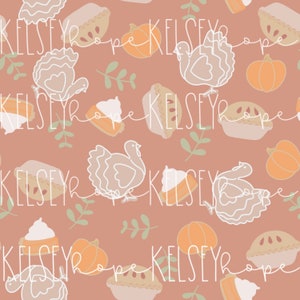 Thanksgiving Fall Kürbis Torte Türkei Dinner NAHTLOSES MUSTER handbebildert. Digitales Design. Babykleidung Scrapbook Papier stoff