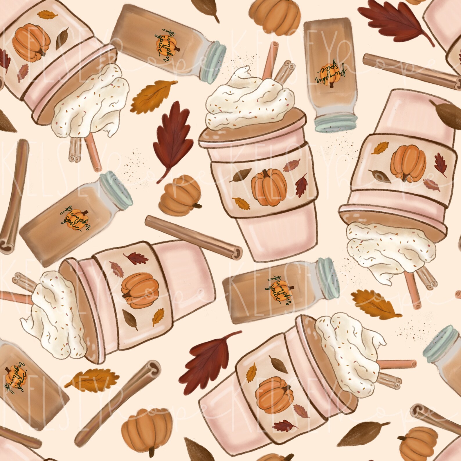 Pumpkin Spice Latte Fall Cute SEAMLESS PATTERN Hand Illustrated ...