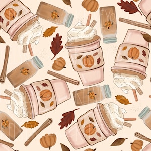 Pumpkin Spice Latte Fall Cute SEAMLESS PATTERN Hand Illustrated. Digital Design. Baby Clothing Scrapbook Paper Fabric. Thanksgiving Fall